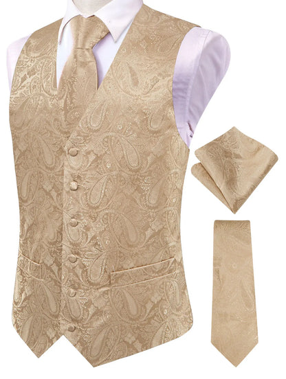 Men's Paisley Jacquard Suit Vest – V-Neck 6-Button Waistcoat with Tie & Pocket Square for Weddings