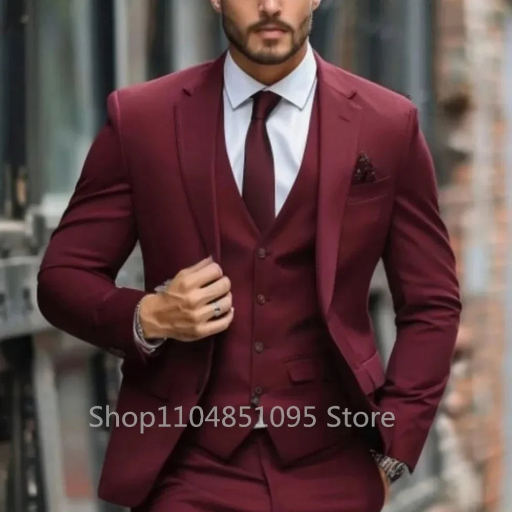 Men's 3-Piece Slim Fit Suit – Blazer, Vest & Pants Set for Wedding & Business