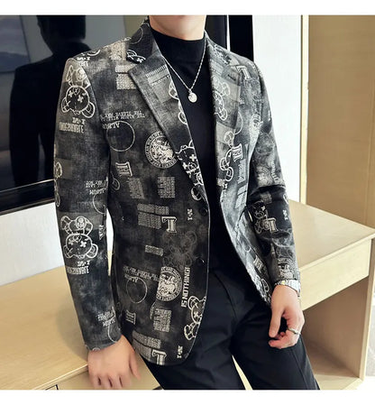 2024 Autumn Winter Jacquard Denim Suit Jacket for Men Fashion Business Casual Blazers Streetwear Social Men Clothing