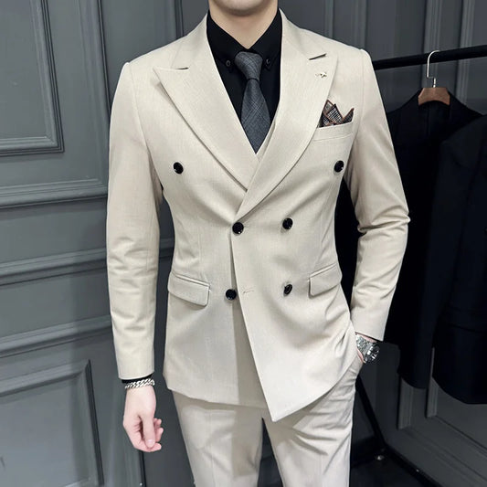 Men's 3 Piece Double‑Breasted Suit Set Slim Fit Solid Color Business Casual Wedding Party Jacket Vest Pants Male Formal Outfit