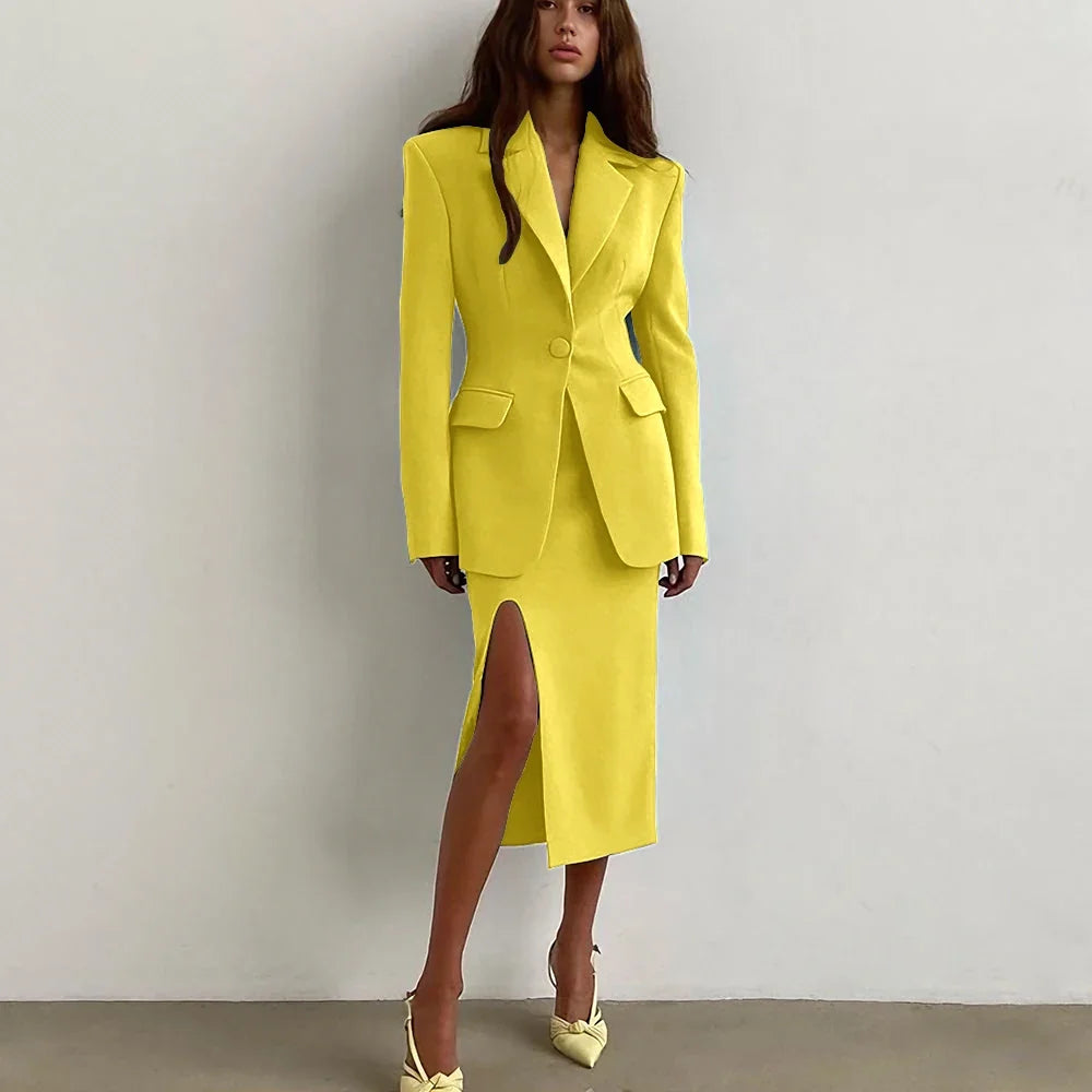 Professional Women's Single Button Notch Lapel Blazer Suit Side Slit Midi Skirt Set Elegant Party Office Fashion 2Piece Outfit