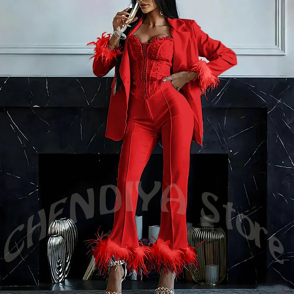 Women's Two Pieces Set Luxury 2026 Slim Fit Notch Lapel Glamorous Feather Blazer Formal Evening Party Tailored Made Outfit
