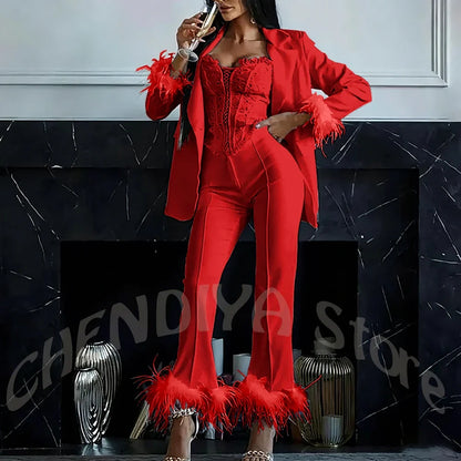 Women's Two Pieces Set Luxury 2026 Slim Fit Notch Lapel Glamorous Feather Blazer Formal Evening Party Tailored Made Outfit