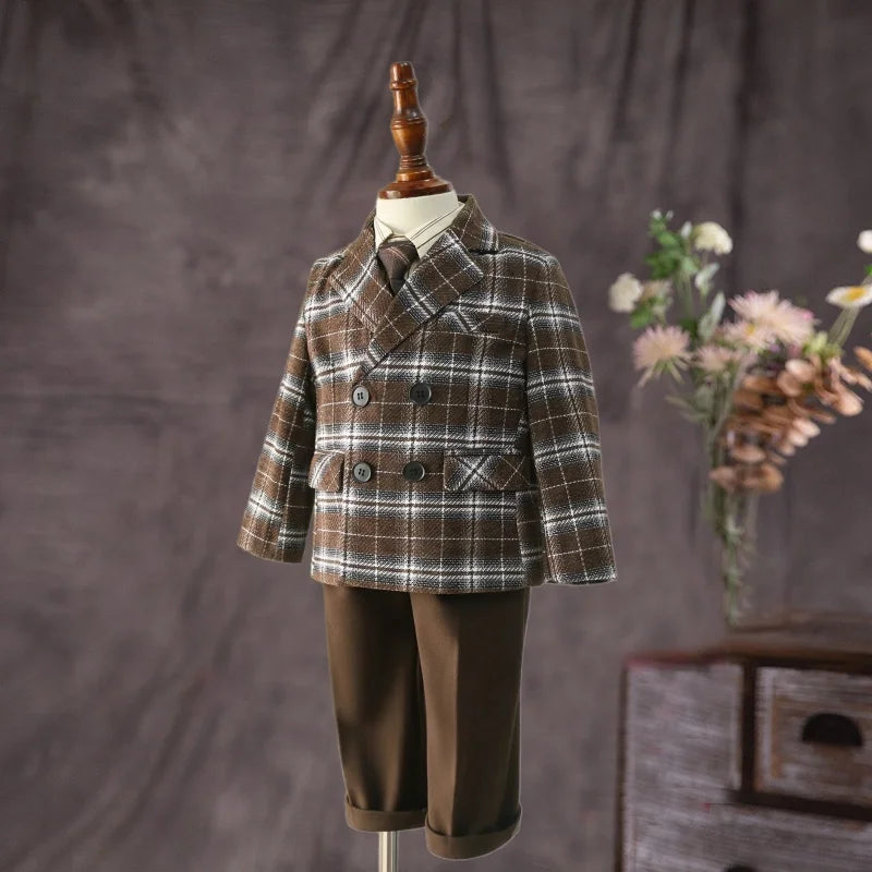 Flower Boys Wedding Outfit Boys Plaid Suit Autumn Winter Blazers Jacket Trousers Set Kids Piano Performance Tuxedo
