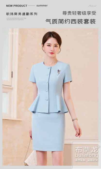 2025Summer Blue Short Sleeve Blazer Suit Professional Women's Skirt Set Short Skirt Elegant Fashion Formal Workwear