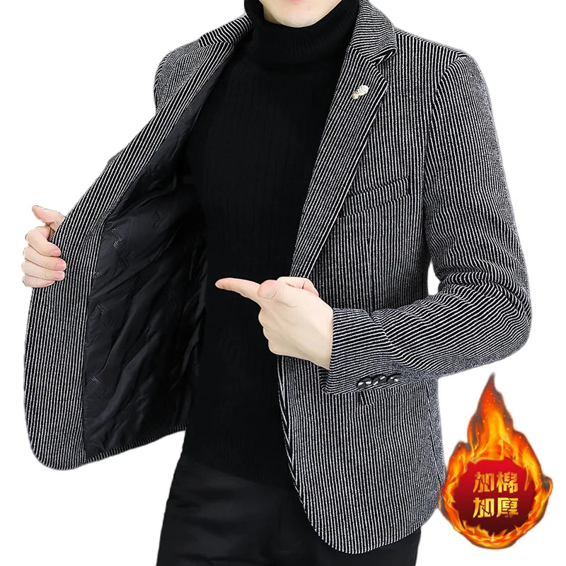 Blazer Autumn/Winter Golden Sable Velvet and Cotton Thickened Thermal Small Suit Fashion Business Men's Slim Blazer