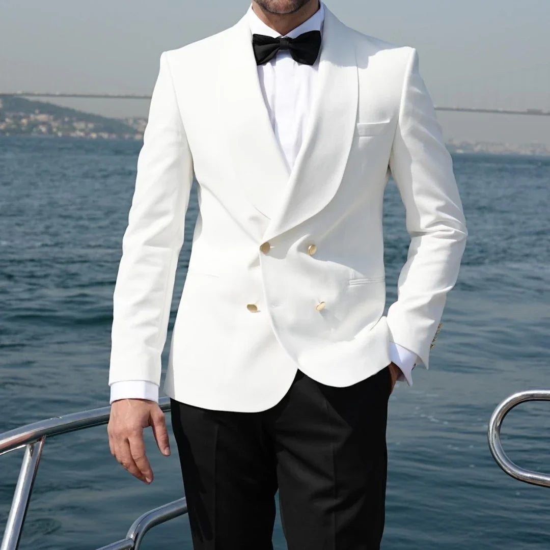 Men Suit 2 Pieces White Black With Lapel Gold Double Button For Wedding Business Banquet Party Office Daily Work Jacket Pants