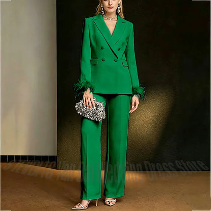 Luxury White Feather Women's Suit Elegant Classic Double Breasted Jacket Pants Formal Evening Party Wedding Guest Outfit