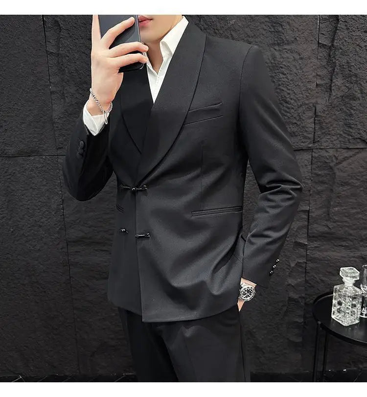 (Jacket+Pants) Vintage Luxury Chinese Style Suit Fashion Men High-end Elegant Business Social Wedding Dress Suit Tuxedo 2Pcs Set