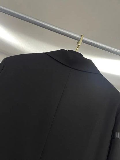 Fashion Chain Pin Design Women Blazers Black Suit Jacket Loose Fit Classic Shoulder Padded Coat Lapel Autumn Banquet Outerwear