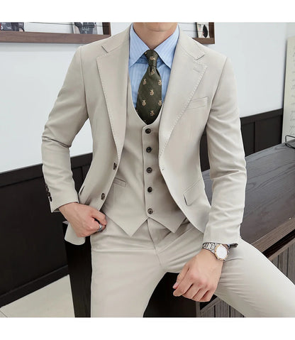 ( Jacket+Vest+Pants ) ltalian Style Luxury High-end Fashion Solid Color Mens Business Slim Suit 3Piece Set Groom Wedding Tuxedo