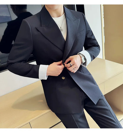 Korean Style Double Breasted Suit Jacket for Men Fashion Casual Business Suit Jackets Office Social Banquet Blazer Masculino