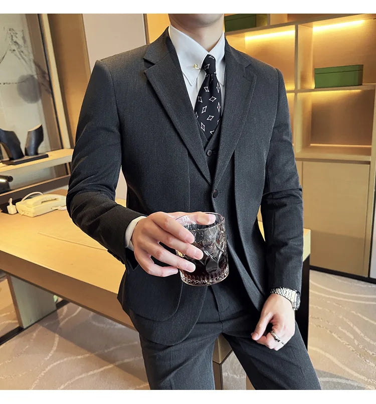 British Style Fake Two-piece Suit Set Men's Wedding Groom Dress 3 Piece Set Suit Vest Trousers Slim Office Business Casual Suits