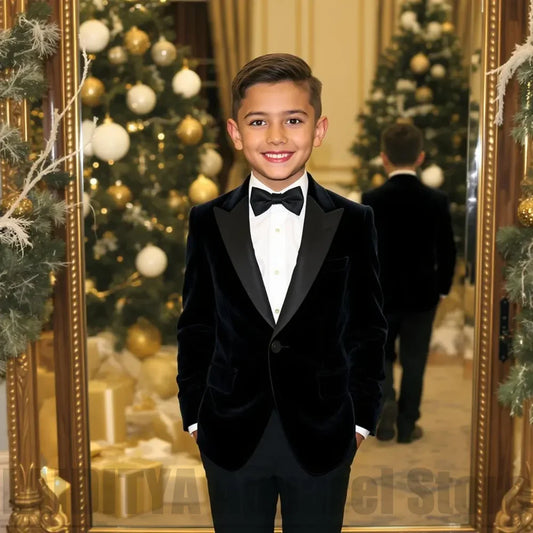 Boys Velvet Tuxedo Suit Fashion Satin Peak Lapel Blazer With Pants Kids Outfit For Wedding Birthday Party Banquet 2 Piece
