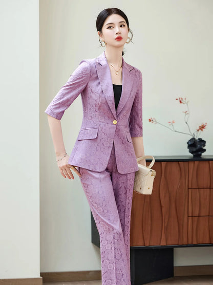 Fashion Purple Half Sleeve Professional Suit Women New Summer Elegant Formal Slim Blazer And Pants Office Ladies Work Wear