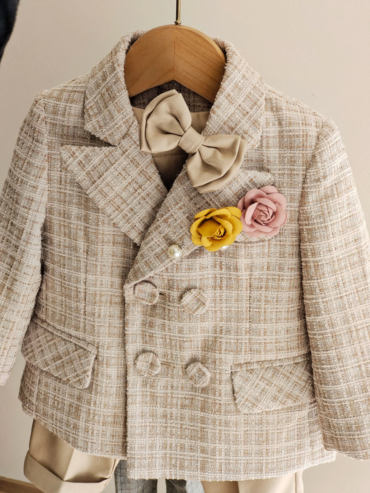 Baby Boys Gentleman Tweed Suit Set Kids Flower Boy Wedding Formal Wear Double Breasted Blazer Khaki Pants Bow Tie Birthday Party