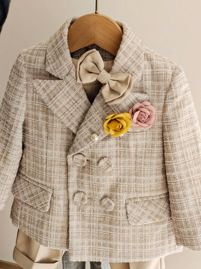 Baby Boys Gentleman Tweed Suit Set Kids Flower Boy Wedding Formal Wear Double Breasted Blazer Khaki Pants Bow Tie Birthday Party