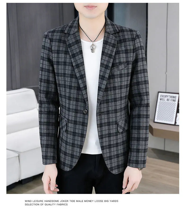 Men's Smart Casual Plaid Blazer – Single Breasted, Slim Fit, Spring Autumn
