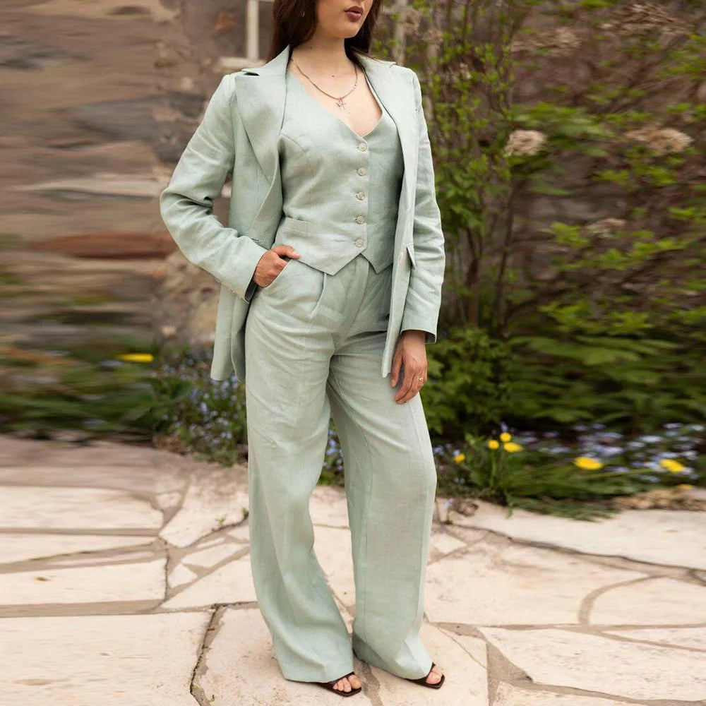 Light Green Women Suits High Quality Notch Collar 3 Pieces Jacket Pant Vest Formal Occasion Female Clothing Elegant 2025