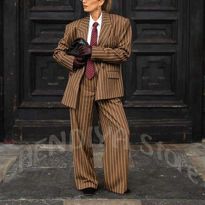 Burgundy Striped Casual Women Suit Two Pieces Jacket Pants Loose Fit Peak Lapel Blazer Set Evening Party Prom Lady Outfit
