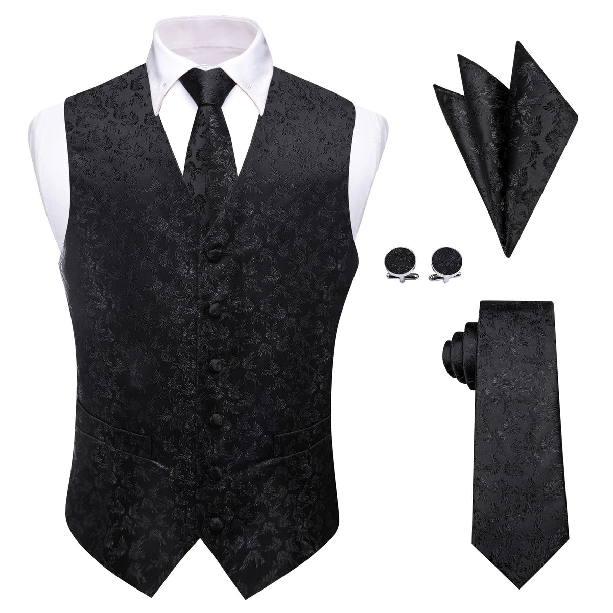 Men's Formal Vest Paisley Jacquard Wedding Waistcoat with Tie & Pocket Square Set