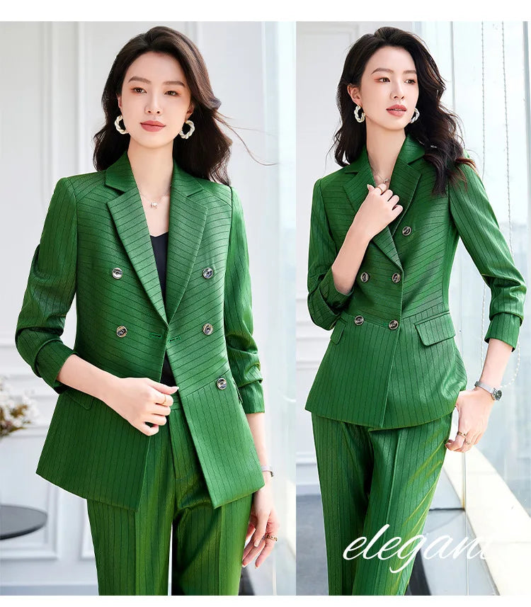 High Quality Women Navy Blue Green Pant Suit Female Button Decoration Blazer and Trouser 2 Piece Set For Office Ladies Work Wear