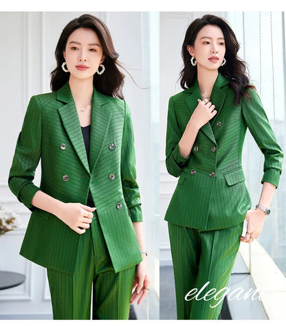 High Quality Women Navy Blue Green Pant Suit Female Button Decoration Blazer and Trouser 2 Piece Set For Office Ladies Work Wear