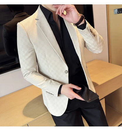 2024 Spring Plaid Blazers Men Single Breasted Casual Business Suit Jacket Fashion Slim Social Banquet Wedding Groom Dress Coats