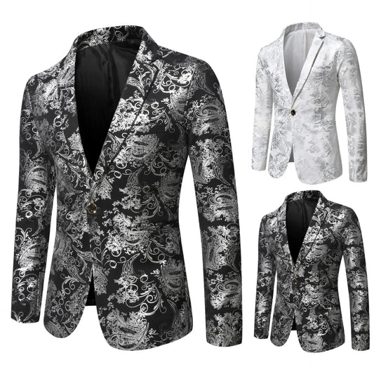 Men's Slim Fit Print Blazer Jacket 2025 Fashion Handsome Business Casual Silver Stage Show Suit Small Menswear