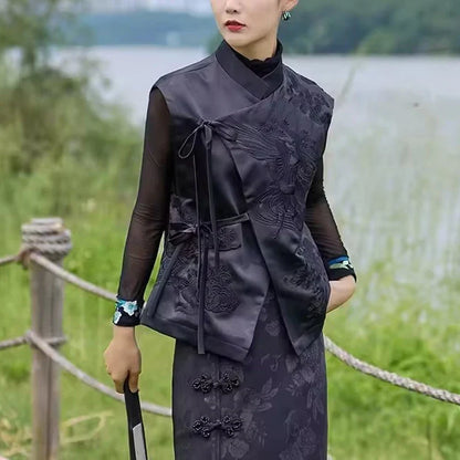 Vintage Chinese Style Vest Outerwear White Crane Embroidered Lacing Waistcoat 2025 Spring Summer Elegant Women's Clothing