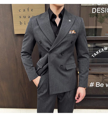 (Blazer + Trousers) Fashion Double Breasted Design Slim Men's Suit Italian Style Luxury Wedding Social Party Tuxedo 2 Piece Set