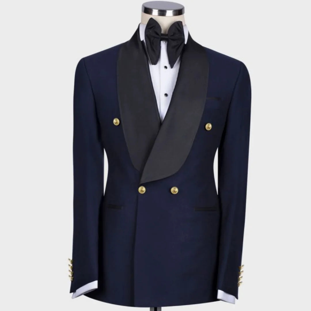 Men Suit 2 Pieces Black Double Button With Lapel Gold Button For Wedding Banquet Party Work Office Business Jacket With Pants