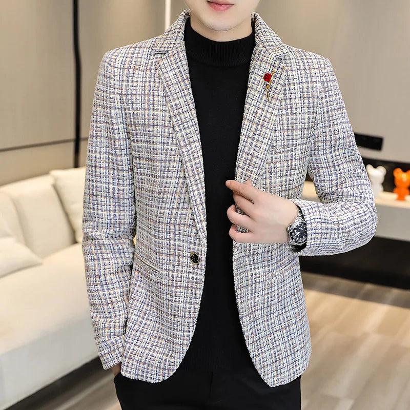 Korean Fashion Woven Suit Jacket for Men Autumn Slim Fit Casual Men Blazers Street Wear Social Business Dress Coats Men Clothing