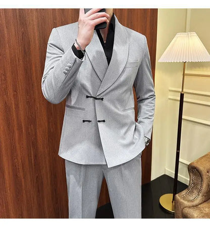 (Jacket+Pants) Vintage Luxury Chinese Style Suit Fashion Men High-end Elegant Business Social Wedding Dress Suit Tuxedo 2Pcs Set