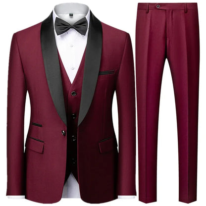 Black Men Autumn Wedding Party Three Pieces Set Large Size Male Blazer Coat Pants and Vest Fashion Slim Fit Suit