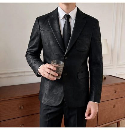 Men's Embossed Suede Blazer Smart Casual Single Breasted Jacket for Everyday Wear