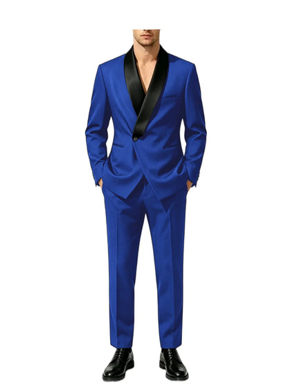 Men's Slim Fit Tuxedo Suit with Black Satin Shawl Lapel – 2-Piece Blazer & Pants for Wedding, Prom & Formal Events