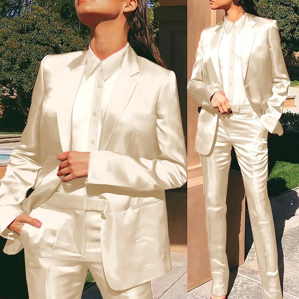 Women’s Red Satin Suit 2 Piece (Jacket+Pants) Set Gorgeous Single-breasted Blazer for Evening Party Formal Cocktail Streetwear