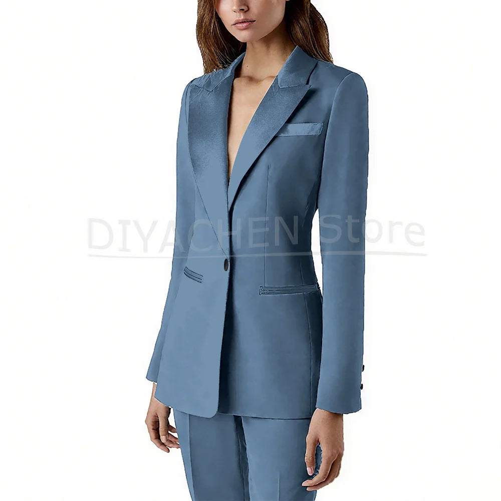 Pants Sets 2 Piece Fashion Satin Peak Lapel Single Button Solid Color Outfits Chic Casual Slim Daily Office Women's Suit