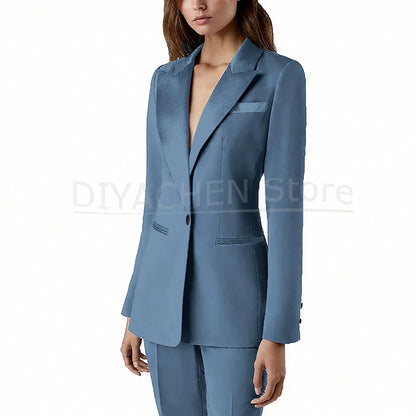 Pants Sets 2 Piece Fashion Satin Peak Lapel Single Button Solid Color Outfits Chic Casual Slim Daily Office Women's Suit