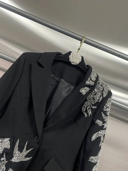 Elegant Black Suit Jacket Women Fashion Beaded Embroidery Designer Single Button New Office Ladies Banquet Luxury Blazers Coat