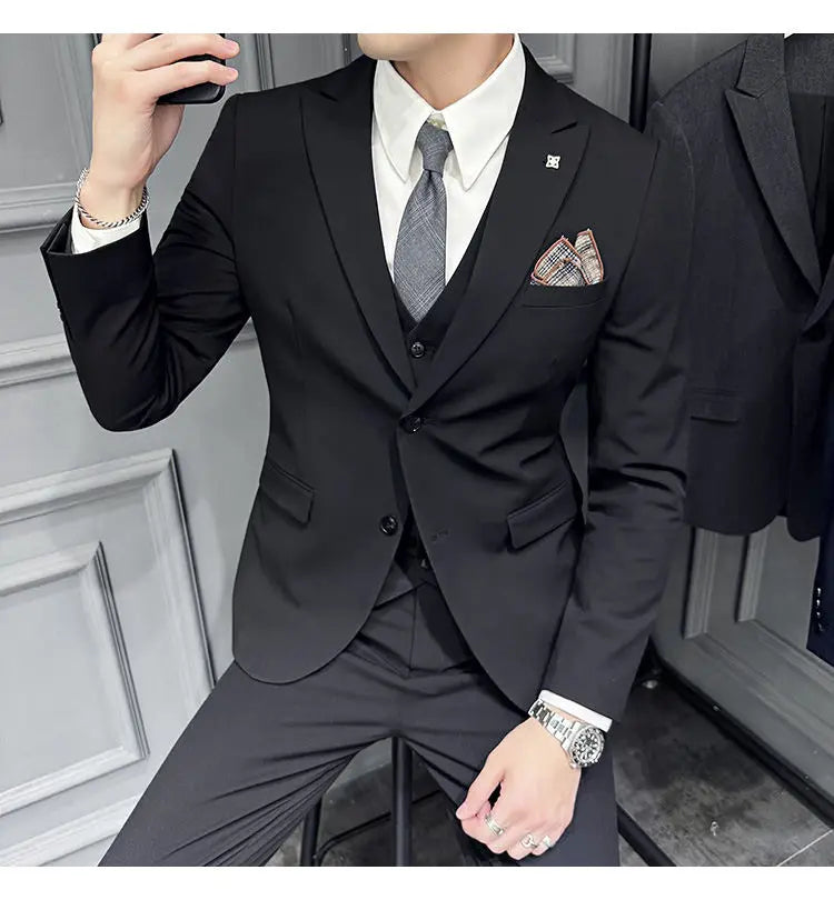 Men's 3 Piece Suit Set Double‑Button Slim Fit Solid Color Business Casual Wedding Party Jacket Vest Pants Formal Outfit for Men