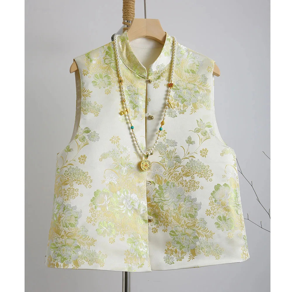 New National Style Chinese Vest Women Spring Autumn On Both Sides Sleeveless Jacket Female Bright Silk Embroidery Vest Waistcoat