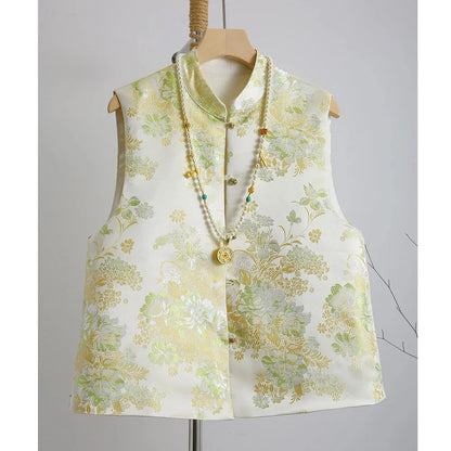 New National Style Chinese Vest Women Spring Autumn On Both Sides Sleeveless Jacket Female Bright Silk Embroidery Vest Waistcoat