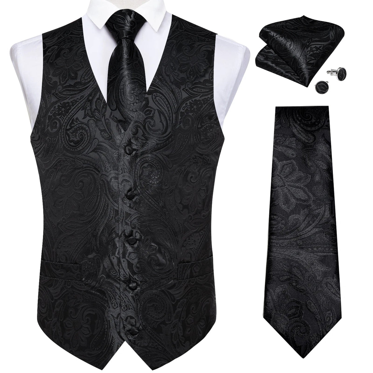 Men's Formal Vest Suit Set — Solid Color Waistcoat with Tie & Pocket Square for Weddings & Parties