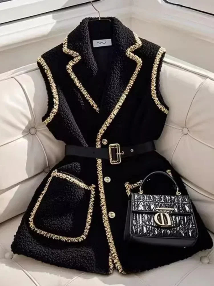 Layering Outerwear Black Lambhair Horseclip Thick Coat Sweet Office Lady Y2K Jackets Sleeveless Blazers Vest New Spring Winter