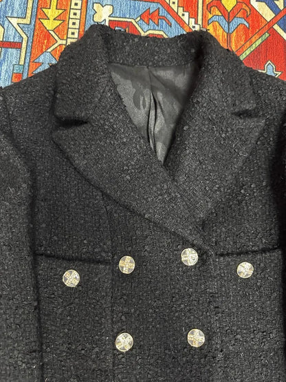 Double Breasted Office Ladies Elegant Black Tweed Jacket Mid Length Fashion Coat Spring Autumn Lapel Straight Women Suit Jacket