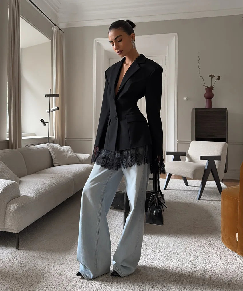 Elegant Black Lace Splice Long Sleeve Women's  Commute Style Fashion Design Polyester Fabric Business Casual Coat