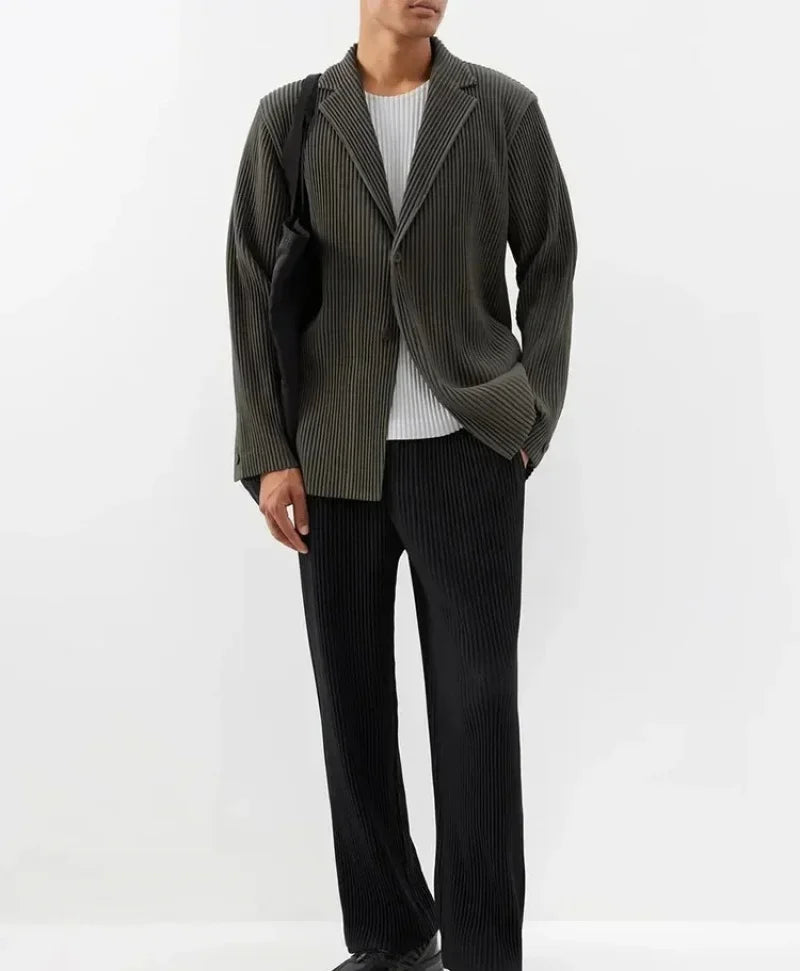 Men's Miyake Pleated Style Blazer Jacket Japanese Casual Stretch Slim Fit Business Office Fashion Luxury Wrinkle Resistant Coat