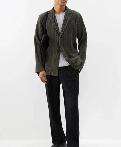 Men's Miyake Pleated Style Blazer Jacket Japanese Casual Stretch Slim Fit Business Office Fashion Luxury Wrinkle Resistant Coat